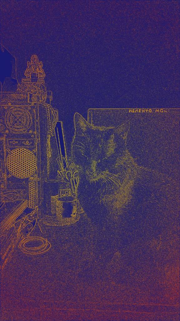 Fotografia de uma gata preta à frente de um computador. O computador está com a parte traseira voltada para a frente e é possível ver suas saídas de ar. Há cadernos, um juzu, caneca e apetrechos de papelaria na mesa. Sobre o computador, uma estatueta da Tara Verde e uma caixa de incensos com outro juzu pendurado. Em cima do monitor do computador há a inscrição "Memento mori". A imagem tem um filtro que a reduz apenas a algumas linhas e cores de azul, roxo, amarelo, verde e rosa.